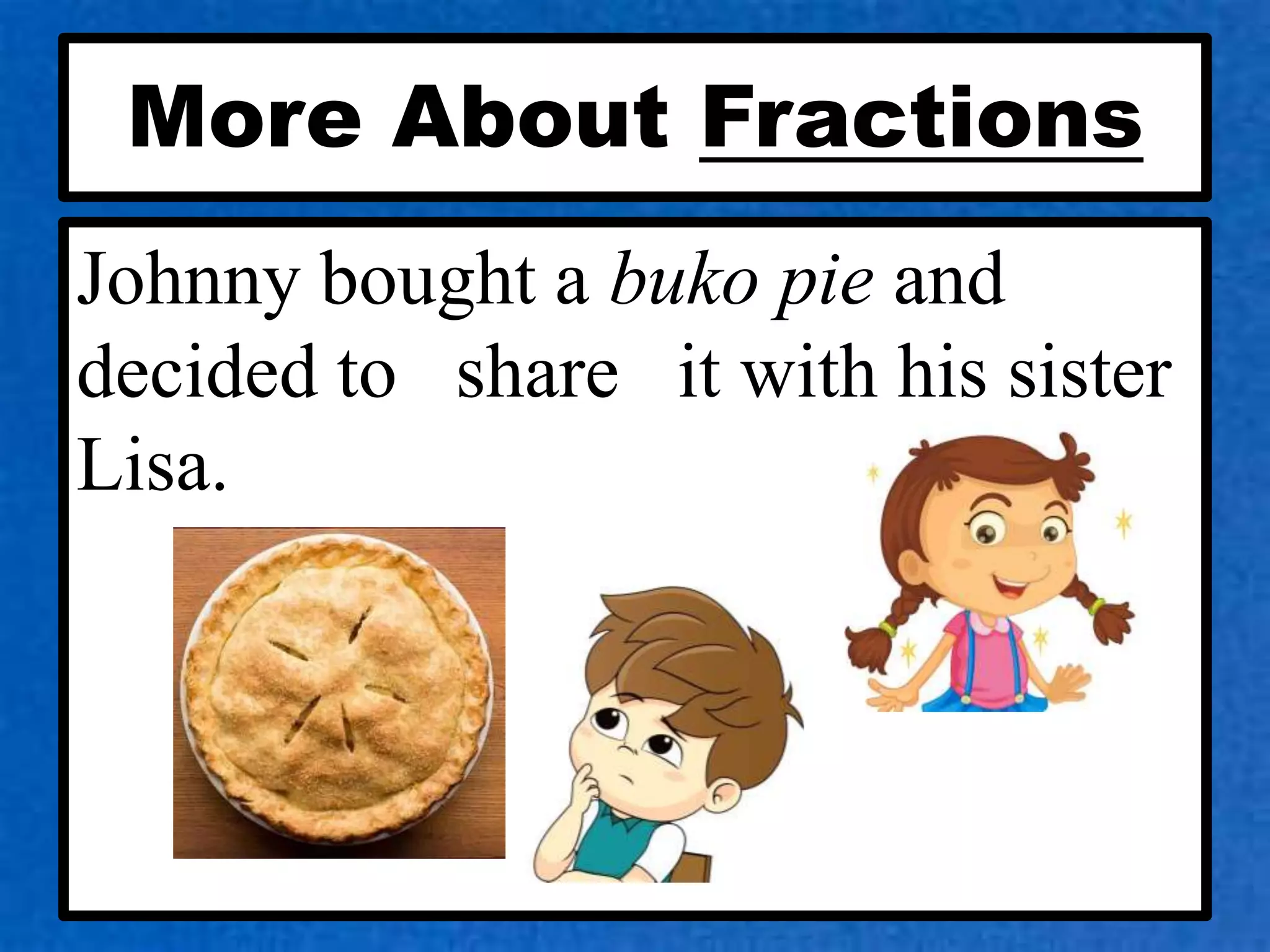 More About Fractions
= 3
= 5
=
𝟏
𝟐
=
𝟏
𝟒
Johnny bought a buko pie and
decided to share it with his sister
Lisa.
 