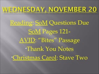 Reading: SoM Questions Due
SoM Pages 121AVID: “Bites” Passage
•Thank You Notes
•Christmas Carol: Stave Two

 