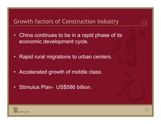 Growth factors of Construction Industry

• China continues to be in a rapid phase of its
  economic development cycle.

• Rapid rural migrations to urban centers.

• Accelerated growth of middle class.

• Stimulus Plan- US$586 billion.



                                                  10
 
