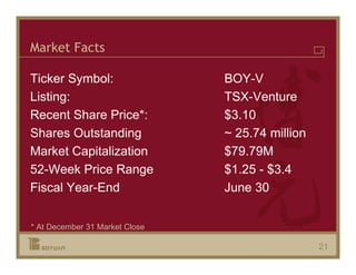 Market Facts

Ticker Symbol:                  BOY-V
Listing:                        TSX-Venture
Recent Share Price*:            $3.10
Shares Outstanding              ~ 25.74 million
Market Capitalization           $79.79M
52-Week Price Range             $1.25 - $3.4
Fiscal Year-End                 June 30


* At December 31 Market Close

                                                  21
 