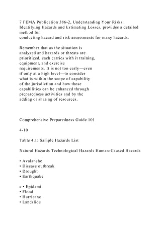 7 FEMA Publication 386-2, Understanding Your Risks:
Identifying Hazards and Estimating Losses, provides a detailed
method for
conducting hazard and risk assessments for many hazards.
Remember that as the situation is
analyzed and hazards or threats are
prioritized, each carries with it training,
equipment, and exercise
requirements. It is not too early—even
if only at a high level—to consider
what is within the scope of capability
of the jurisdiction and how those
capabilities can be enhanced through
preparedness activities and by the
adding or sharing of resources.
Comprehensive Preparedness Guide 101
4-10
Table 4.1: Sample Hazards List
Natural Hazards Technological Hazards Human-Caused Hazards
• Avalanche
• Disease outbreak
• Drought
• Earthquake
c • Epidemi
• Flood
• Hurricane
• Landslide
 
