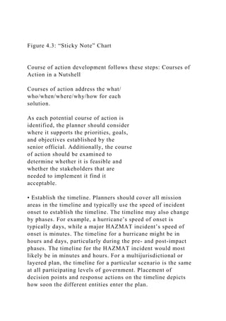 Figure 4.3: “Sticky Note” Chart
Course of action development follows these steps: Courses of
Action in a Nutshell
Courses of action address the what/
who/when/where/why/how for each
solution.
As each potential course of action is
identified, the planner should consider
where it supports the priorities, goals,
and objectives established by the
senior official. Additionally, the course
of action should be examined to
determine whether it is feasible and
whether the stakeholders that are
needed to implement it find it
acceptable.
• Establish the timeline. Planners should cover all mission
areas in the timeline and typically use the speed of incident
onset to establish the timeline. The timeline may also change
by phases. For example, a hurricane’s speed of onset is
typically days, while a major HAZMAT incident’s speed of
onset is minutes. The timeline for a hurricane might be in
hours and days, particularly during the pre- and post-impact
phases. The timeline for the HAZMAT incident would most
likely be in minutes and hours. For a multijurisdictional or
layered plan, the timeline for a particular scenario is the same
at all participating levels of government. Placement of
decision points and response actions on the timeline depicts
how soon the different entities enter the plan.
 