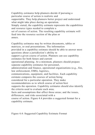 Capability estimates help planners decide if pursuing a
particular course of action is realistic and
supportable. They help planners better project and understand
what might take place during an operation.
Simply stated, the capability estimate represents the capabilities
and resource types needed to complete a
set of courses of action. The resulting capability estimate will
feed into the resource section of the plan or
annex.
Capability estimates may be written documents, tables or
matrices, or oral presentations. The information
provided in a capability estimate should be able to answer most
questions about a jurisdiction’s ability to
support a given course of action. Planners can use capability
estimates for both future and current
operational planning. At a minimum, planners should prepare
separate capability estimates for personnel,
administration and finance, operational organizations (e.g., fire,
law enforcement, EMS), logistics,
communications, equipment, and facilities. Each capability
estimate compares the courses of action being
considered for a particular operation. They make
recommendations as to which course of action best
supports the operation. Capability estimates should also identify
the criteria used to evaluate each area;
facts and assumptions that affect those areas; and the issues,
differences, and risks associated with a
course of action. Figure 4.4 provides a suggested format for a
capability estimate.
Figure 4.4: Suggested Capability Estimate Format
 