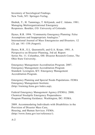 Inventory of Sociological Findings.
New York, NY: Springer-Verlag.
Drabek, T., H. Tammings, T. Kilijanek, and C. Adams. 1981.
Managing Multiorganizational Emergency
Responses. Boulder, CO: University of Colorado.
Dynes, R.R. 1994. “Community Emergency Planning: False
Assumptions and Inappropriate Analogies.”
International Journal of Mass Emergencies and Disasters. 12
(2): pp. 141–158 (August).
Dynes, R.R., E.L. Quarantelli, and G.A. Kreps. 1981. A
Perspective on Disaster Planning, 3rd ed. Report
Series No. 11. Columbus, OH: Disaster Research Center, The
Ohio State University.
Emergency Management Accreditation Program. 2007.
Emergency Management Accreditation Program
Standard. Lexington, KY: Emergency Management
Accreditation Program.
Emergency Planning and Special Needs Populations. FEMA
Emergency Management Institute.
(http://training.fema.gov/index.asp).
Federal Emergency Management Agency (FEMA). 2008.
Chemical Stockpile Emergency Preparedness
Program Planning Guidance. Washington, DC: FEMA.
2009. Accommodating Individuals with Disabilities in the
Provision of Disaster Mass Care,
Housing, and Human Services. FEMA.
(http://www.fema.gov/oer/reference/).
A-2
 