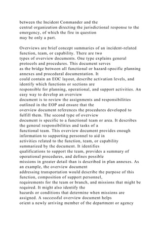 between the Incident Commander and the
central organization directing the jurisdictional response to the
emergency, of which the fire in question
may be only a part.
Overviews are brief concept summaries of an incident-related
function, team, or capability. There are two
types of overview documents. One type explains general
protocols and procedures. This document serves
as the bridge between all functional or hazard-specific planning
annexes and procedural documentation. It
could contain an EOC layout, describe activation levels, and
identify which functions or sections are
responsible for planning, operational, and support activities. An
easy way to develop an overview
document is to review the assignments and responsibilities
outlined in the EOP and ensure that the
overview document references the procedures developed to
fulfill them. The second type of overview
document is specific to a functional team or area. It describes
the general responsibilities and tasks of a
functional team. This overview document provides enough
information to supporting personnel to aid in
activities related to the function, team, or capability
summarized by the document. It identifies
qualifications to support the team, provides a summary of
operational procedures, and defines possible
missions in greater detail than is described in plan annexes. As
an example, the overview document
addressing transportation would describe the purpose of this
function, composition of support personnel,
requirements for the team or branch, and missions that might be
required. It might also identify the
hazards or conditions that determine when missions are
assigned. A successful overview document helps
orient a newly arriving member of the department or agency
 