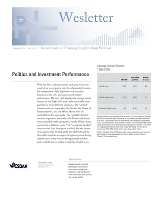 Politics and Investment Performance
With the Nov. 2 elections come and gone, here’s the
result of an investigation into the relationship between
the composition of the legislative and executive
branches of the U.S. government and market
performance. The data table displays the average annual
returns for the S&P 500® and a 60% stock/40% bond
portfolio in three different situations. The "unified"
situation refers to years when the Senate, the House of
Representatives, and the White House were all
controlled by the same party. The "partially divided"
situation represents years when the House and Senate
were controlled by the same party, but the White House
was held by a different party. The "completely divided"
situation uses data from years in which the two houses
of Congress were divided. Both the S&P 500 and the
diversified portfolio averaged the highest returns during
unified years, lower returns during partially divided
years, and the lowest under completely divided years.
Wesletter
November 2010 Vol. 2 No. 11 Investment and Planning Insights from Wesban
About Wesban
The Wesban Team
wesban@wesban.com
205-995-7778
Wesban provides financial
planning and conservative
investment management
designed to help families and
small businesses grow, protect,
and transfer wealth.
 