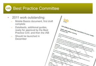 Best Practice Committee 2011 work outstanding: Mobile Basics document, first draft  complete Datafeeds, additional guides,  ready for approval by the Best Practice Cmt. and then the IAB Should be launched in December 