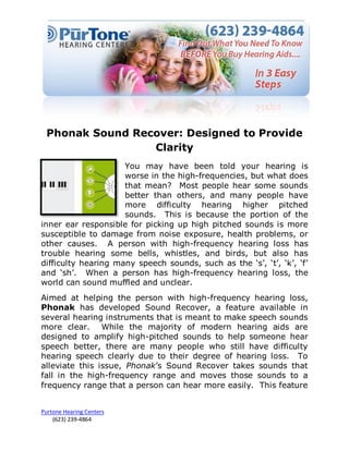 Phonak Sound Recover: Designed to Provide
                 Clarity
                     You may have been told your hearing is
                     worse in the high-frequencies, but what does
                     that mean? Most people hear some sounds
                     better than others, and many people have
                     more difficulty hearing higher pitched
                     sounds. This is because the portion of the
inner ear responsible for picking up high pitched sounds is more
susceptible to damage from noise exposure, health problems, or
other causes. A person with high-frequency hearing loss has
trouble hearing some bells, whistles, and birds, but also has
difficulty hearing many speech sounds, such as the ‘s’, ‘t’, ‘k’, ‘f’
and ‘sh’. When a person has high-frequency hearing loss, the
world can sound muffled and unclear.
Aimed at helping the person with high-frequency hearing loss,
Phonak has developed Sound Recover, a feature available in
several hearing instruments that is meant to make speech sounds
more clear. While the majority of modern hearing aids are
designed to amplify high-pitched sounds to help someone hear
speech better, there are many people who still have difficulty
hearing speech clearly due to their degree of hearing loss. To
alleviate this issue, Phonak’s Sound Recover takes sounds that
fall in the high-frequency range and moves those sounds to a
frequency range that a person can hear more easily. This feature


Purtone Hearing Centers
    (623) 239-4864
 