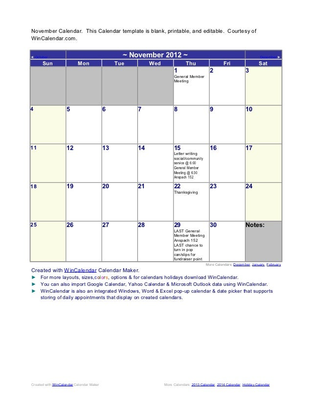 november 2012 more calendars