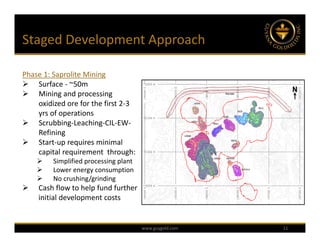 Staged Development Approach

Phase 1: Saprolite Mining
 Surface ‐ ~50m
 Mining and processing 
    oxidized ore for the first 2‐3 
    yrs of operations
 Scrubbing‐Leaching‐CIL‐EW‐
    Refining
 Start‐up requires minimal 
    capital requirement  through:
        Simplified processing plant
        Lower energy consumption
        No crushing/grinding
    Cash flow to help fund further 
     initial development costs


                                       www.guygold.com   11
 