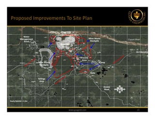 Proposed Improvements To Site Plan

                                       River Dike

              Water 
            Management                                            Mine Waste                  Cuyuni River
               Pond                                                Stockpile
                                       Open Pit
                                        Area



                                                        Process
                                                         Area
                          Mine Waste                                       Camp
                           Stockpile


                                                                   Gate

                          Tailings
                           Area

                                                                               Access     1
                                                                                Road     km



Yearly Rainfall = 2.5m



                                              www.guygold.com                                          15
 