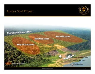 Aurora Gold Project




                                          From 2004 to Oct 31, 2012:

                                             Drilled 1,346 holes

    Mineralized Zones                        373,086 meters

                        www.guygold.com                        7
 