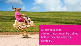 All site collection 
administrators must be trained 
before they can leave the 
sandbox. 
 