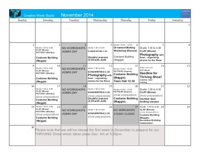 creative works studio november 2014 program calendar calendar that works