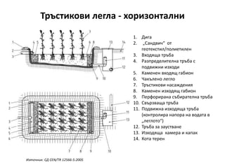 Тръстикови легла - хоризонтални
1. Дига
2. „Сандвич“ от
геотекстил/полиетилен
3. Входяща тръба
4. Разпределителна тръба с
подвижни изходи
5. Каменен входящ габион
6. Чакълено легло
7. Тръстикови насаждения
8. Каменен изходящ габион
9. Перфорирана събирателна тръба
10. Свързваща тръба
11. Подвижна изходяща тръба
(контролира напора на водата в
„леглото“)
12. Тръба за заустване
13. Изходяща камера и капак
14. Кота терен
Източник: СД CEN/TR 12566-5:2005
 