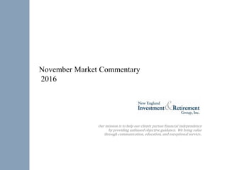 November Market Commentary
2016
Our mission is to help our clients pursue financial independence
by providing unbiased objective guidance. We bring value
through communication, education, and exceptional service..
 