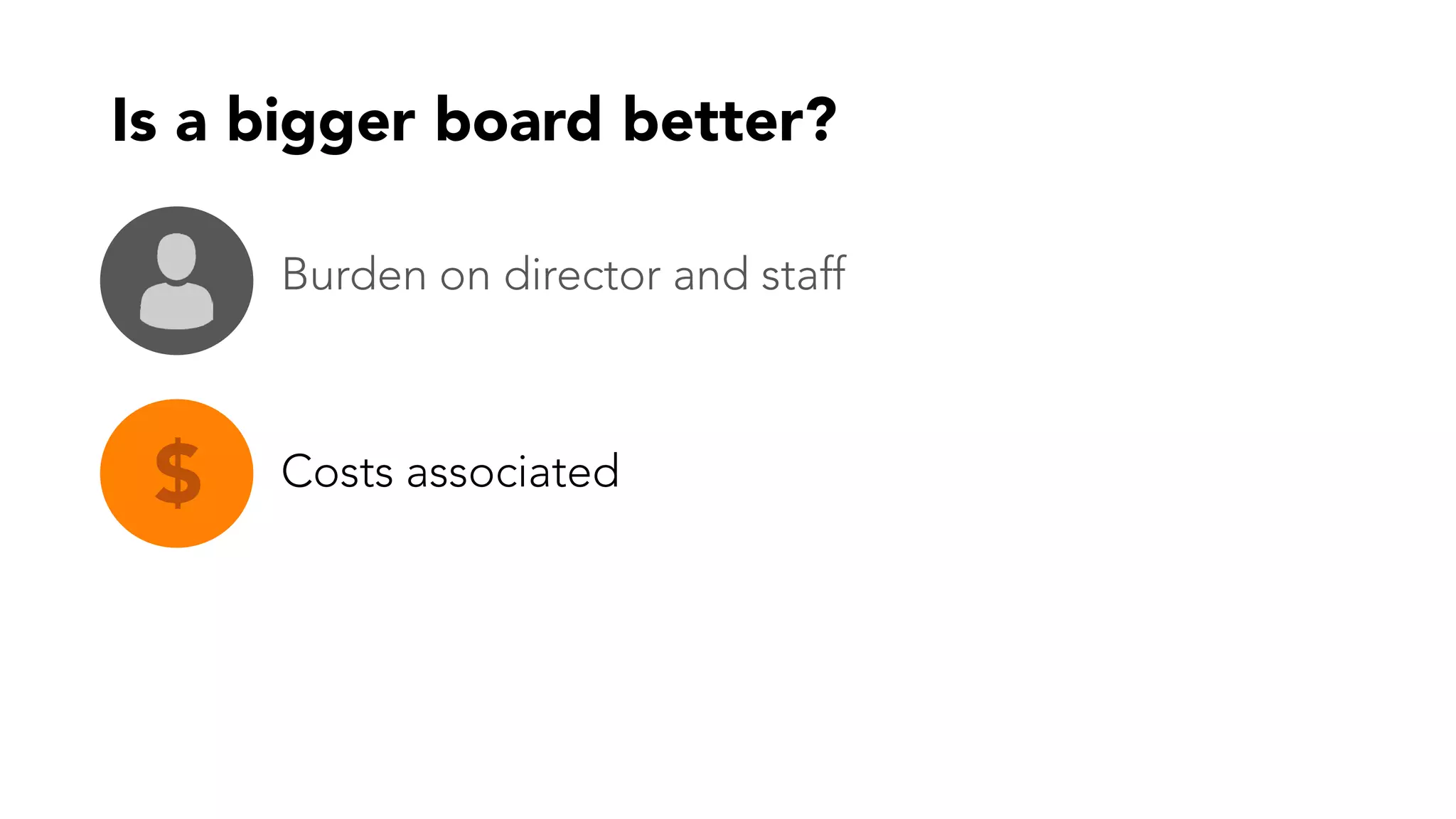 Is a bigger board better?
$ Costs associated
Burden on director and staff
 