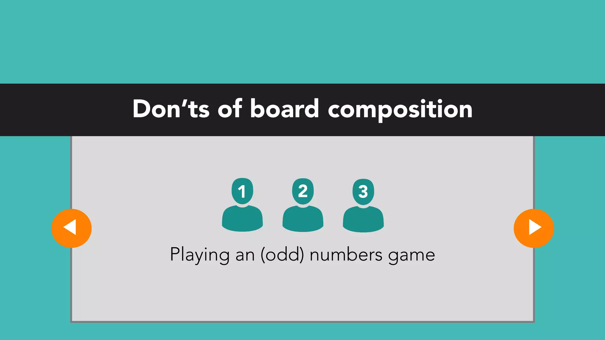 Don’ts of board composition
Playing an (odd) numbers game
1 2 3
 