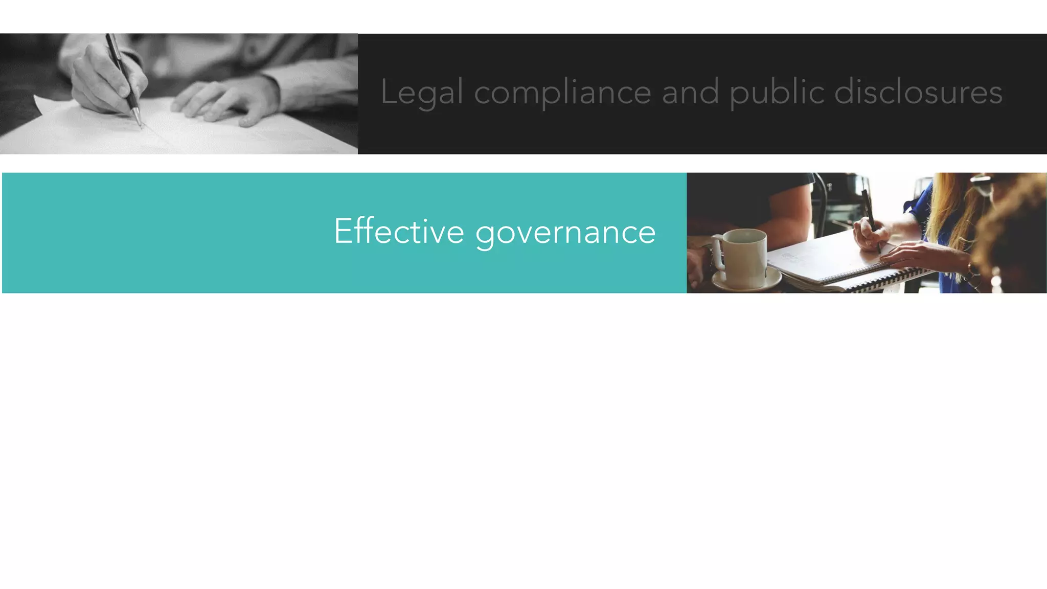 Legal compliance and public disclosures
Effective governance
 