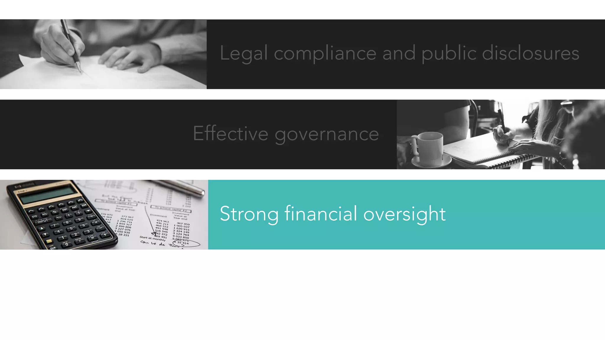 Legal compliance and public disclosures
Effective governance
Strong financial oversight
 