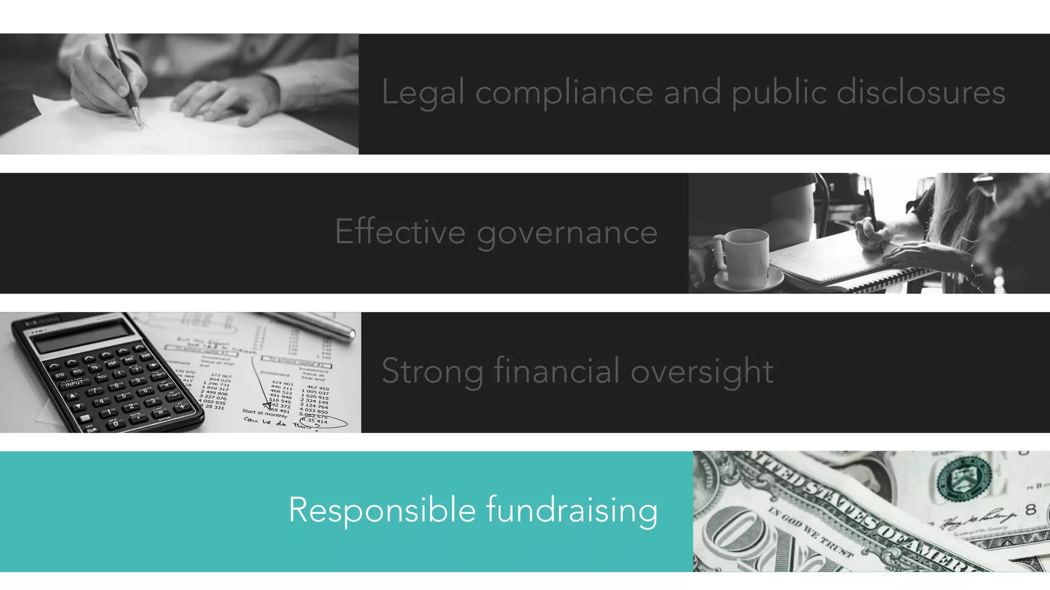 Legal compliance and public disclosures
Effective governance
Strong financial oversight
Responsible fundraising
 