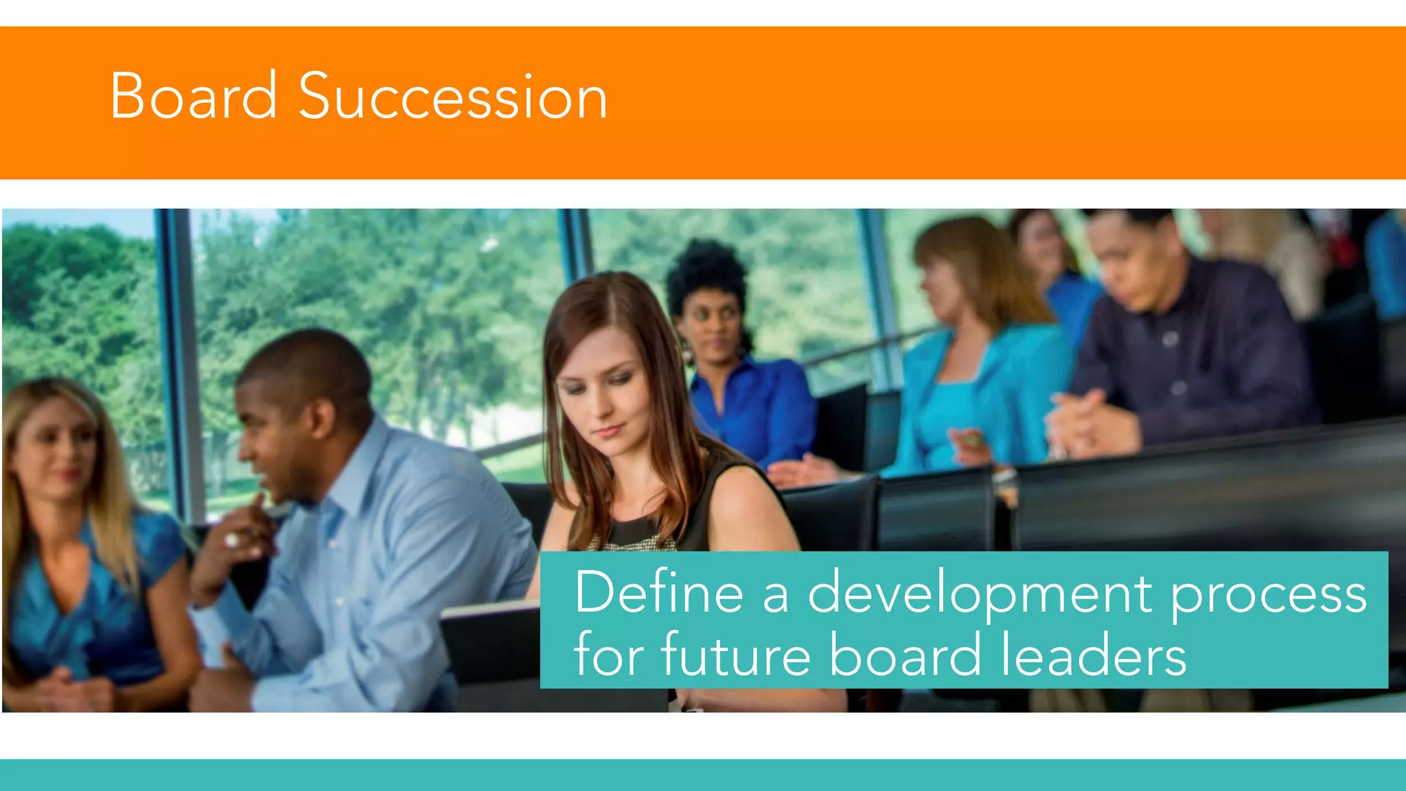 Board Succession
Define a development process
for future board leaders
 
