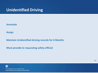 23
Unidentified Driving
Annotate
Assign
Maintain Unidentified driving records for 6 Months
Must provide to requesting safety official
 