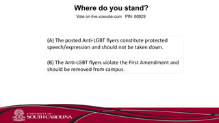 Vote on live.voxvote.com PIN: 60829
Where do you stand?
(A) The posted Anti-LGBT flyers constitute protected
speech/expression and should not be taken down.
(B) The Anti-LGBT flyers violate the First Amendment and
should be removed from campus.
 