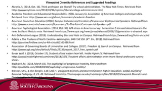 Viewpoint Diversity References and Suggested Readings
• Abrams, S. (2018, Oct. 16). Think professors are liberal? Try school administrators. The New York Times. Retrieved from
https://www.nytimes.com/2018/10/16/opinion/liberal-college-administrators.html
• Academic Freedom and Educational Responsibility. (2006, January 6). Association of American Colleges and Universities.
Retrieved from https://www.aacu.org/about/statements/academic-freedom
• American Council on Education (2018.) Campus Inclusion and Freedom of Expression: Controversial Speakers. Retrieved from
https://www.acenet.edu/news-room/Documents/To-The-Point-Controversial-Speakers.pdf
• American Psychological Association. (2018, Oct. 30). APA stress in America survey: Generation Z stressed about issues in the
news but least likely to vote. Retrieved from https://www.apa.org/news/press/releases/2018/10/generation-z-stressed.aspx
• Anti-Defamation League (2018). Understanding Bias and Hate on Campus. Retrieved from https://www.adl.org/hate-uncycled
• Adams v. The Trustees of North Carolina–Wilmington, 640 F.3d 550. (4th. Cir., 2011). Retrieved from
https://caselaw.findlaw.com/us-4th-circuit/1562438.html
• Association of Governing Boards of Universities and Colleges. (2017). Freedom of Speech on Campus. Retrieved from
https://www.agb.org/sites/default/files/u27335/report_2017_free_speech.pdf
• Bauer Wolf, J. (2018, October 17). Student affairs leaders lean left. Inside Higher Ed. Retrieved from
https://www.insidehighered.com/news/2018/10/17/student-affairs-administrators-even-more-liberal-professors-survey-
shows
• Blackwell, M. (2018, March 10). The psychology of progressive hostility. Retrieved from
https://quillette.com/2018/03/10/psychology-progressive-hostility/
• Bressler, M.S., & Von Bergen, C.W. (2017). Viewpoint diversity and discrimination in higher education. Global Journal of
Business Pedagogy, 8, 23- 49. Retrieved from http://homepages.se.edu/cvonbergen/files/2018/02/Viewpoint-Diversity-and-
Discrimination-in-Higher-Education.pdf
 