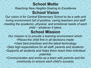 School Motto
Reaching New Heights-Soaring to Excellence
School Vision
Our vision is for Central Elementary School to be a safe and
loving environment full of positive, caring teachers and staff
meeting the academic, physical, and emotional needs of each
child – whatever it takes.
School Mission
Our mission is to provide a learning environment which:
•Places the child first in all decisions made.
•Uses best practices and the latest technology.
•Sets high expectations for all staff, parents and students.
•Supports all students and helps them reach their individual
potential.
•Communicates and works as a team with parents and the
community to ensure each child’s success.
 
