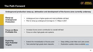 The Path Forward
33
Ramp-up
Underground
Production
Focus on More
Profitable Ore
Exploring
High-Potential
Targets
• Underground ore is higher-grade and most profitable mill feed
• Plan to ramp-up underground tonnage to +1.1Mtpa in 2021
• Increase Aurora zone’s contribution to overall mill feed
• Focus on other high-grade vein systems
• Extend the mineralization of Aurora zone
• Test potential high-grade skarn deposits
Underground production ramp-up, delineation and development of the Aurora zone currently underway
• Deep drilling under Main and Lake zones
• Exploration update videos available here
 