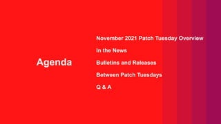 Agenda
November 2021 Patch Tuesday Overview
In the News
Bulletins and Releases
Between Patch Tuesdays
Q & A
 