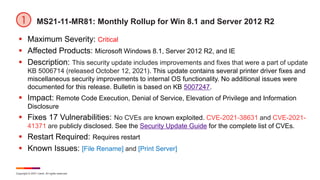 Copyright © 2021 Ivanti. All rights reserved.
MS21-11-MR81: Monthly Rollup for Win 8.1 and Server 2012 R2
 Maximum Severity: Critical
 Affected Products: Microsoft Windows 8.1, Server 2012 R2, and IE
 Description: This security update includes improvements and fixes that were a part of update
KB 5006714 (released October 12, 2021). This update contains several printer driver fixes and
miscellaneous security improvements to internal OS functionality. No additional issues were
documented for this release. Bulletin is based on KB 5007247.
 Impact: Remote Code Execution, Denial of Service, Elevation of Privilege and Information
Disclosure
 Fixes 17 Vulnerabilities: No CVEs are known exploited. CVE-2021-38631 and CVE-2021-
41371 are publicly disclosed. See the Security Update Guide for the complete list of CVEs.
 Restart Required: Requires restart
 Known Issues: [File Rename] and [Print Server]
 