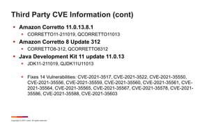 Copyright © 2021 Ivanti. All rights reserved.
Third Party CVE Information (cont)
 Amazon Corretto 11.0.13.8.1
 CORRETTO11-211019, QCORRETTO11013
 Amazon Corretto 8 Update 312
 CORRETTO8-312, QCORRETTO8312
 Java Development Kit 11 update 11.0.13
 JDK11-211019, QJDK11U11013
 Fixes 14 Vulnerabilities: CVE-2021-3517, CVE-2021-3522, CVE-2021-35550,
CVE-2021-35556, CVE-2021-35559, CVE-2021-35560, CVE-2021-35561, CVE-
2021-35564, CVE-2021-35565, CVE-2021-35567, CVE-2021-35578, CVE-2021-
35586, CVE-2021-35588, CVE-2021-35603
 