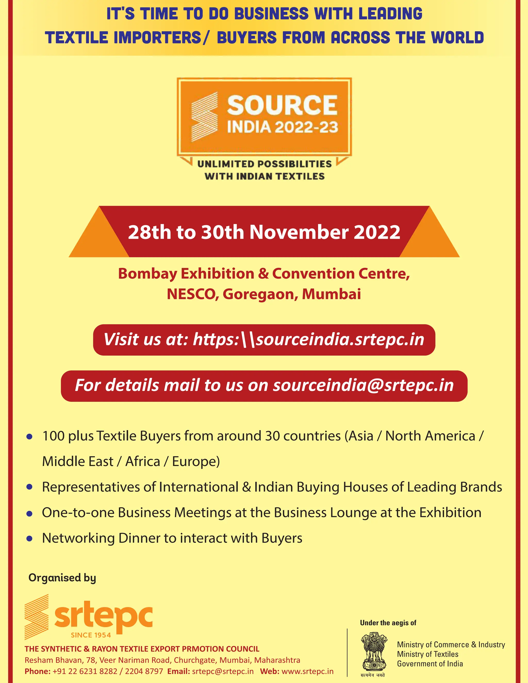 NOVEMBER 2022
www.textilevaluechain.in
10
Z}Y”(DL”ZO” O”[YDMYY”/DZC”3;DMB
(bZDK”$( '”[cXY”XOL”:XOYY”(C”/OXK;
d,^zEd,d/ΘZzKEdyd/yWKZdWZDKd/KEKhE/
ZĞƐŚĂŵŚĂǀĂŶ͕ϳϴ͕sĞĞƌEĂƌŝŵĂŶZŽĂĚ͕ŚƵƌĐŚŐĂƚĞ͕DƵŵďĂŝ͕DĂŚĂƌĂƐŚƚƌĂ
WŚŽŶĞ͗нϵϭϮϮϲϮϯϭϴϮϴϮͬϮϮϬϰϴϳϵϳŵĂŝů͗ƐƌƚĞƉĐΛƐƌƚĞƉĐ͘ŝŶtĞď͗ǁǁǁ͘ƐƌƚĞƉĐ͘ŝŶ
QMVT5FYUJMF#VZFSTGSPNBSPVOEDPVOUSJFT TJB/PSUINFSJDB
.JEEMFBTUGSJDBVSPQF
3FQSFTFOUBUJWFTPG*OUFSOBUJPOBM*OEJBO#VZJOH)PVTFTPG-FBEJOH#SBOET
0OFUPPOF#VTJOFTT.FFUJOHTBUUIF#VTJOFTT-PVOHFBUUIFYIJCJUJPO
/FUXPSLJOH%JOOFSUPJOUFSBDUXJUI#VZFST
UIUPUI/PWFNCFS
#PNCBZYIJCJUJPO$POWFOUJPO$FOUSF
/4$0 (PSFHBPO .VNCBJ
sŝƐŝƚƵƐĂƚ͗ŚƩƉƐ͗ͰͰƐŽƵƌĐĞŝŶĚŝĂ͘ƐƌƚĞƉĐ͘ŝŶ
ŽƌĚĞƚĂŝůƐŵĂŝůƚŽƵƐŽŶƐŽƵƌĐĞŝŶĚŝĂΛƐƌƚĞƉĐ͘ŝŶ
 