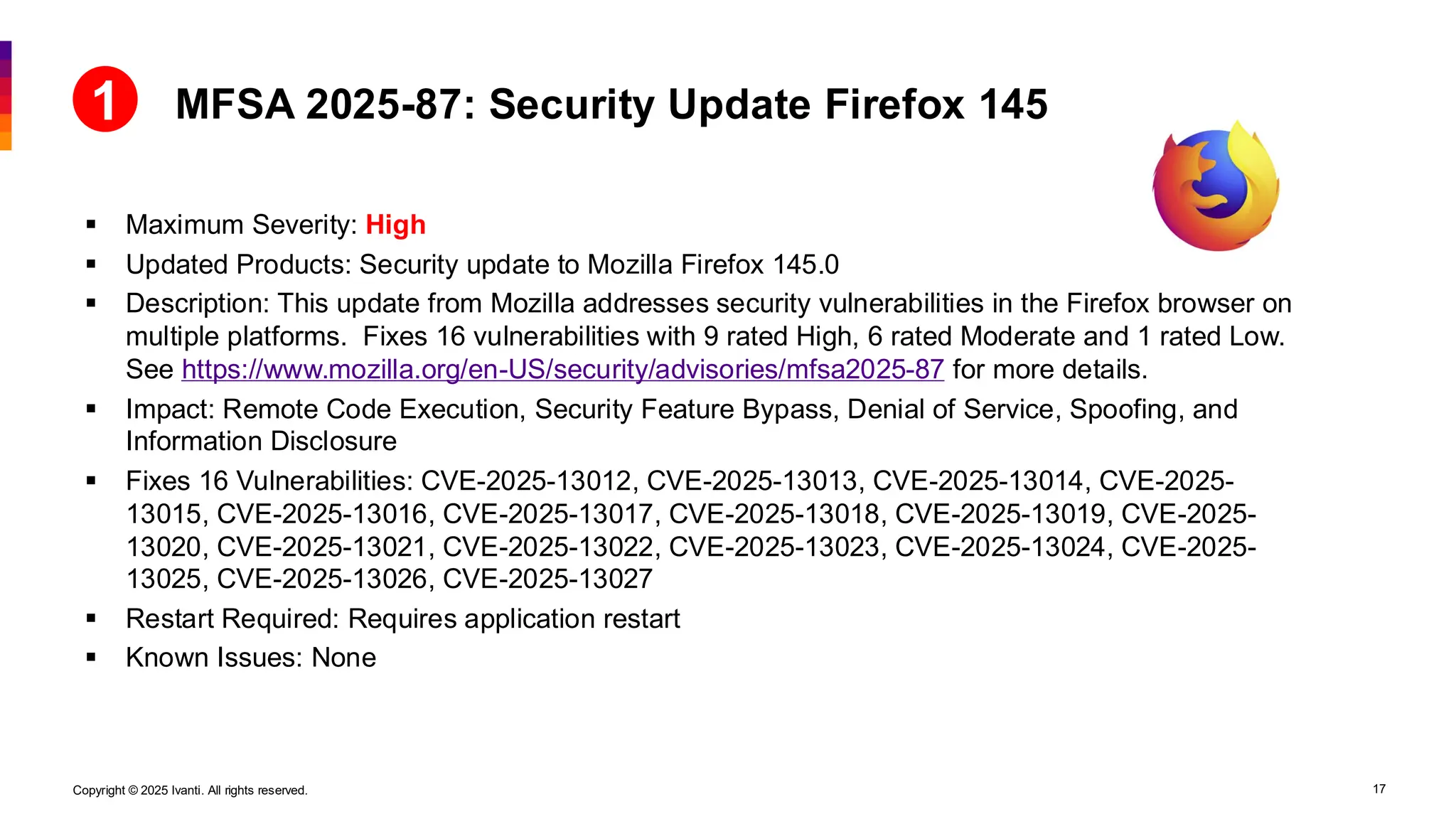 Copyright © 2025 Ivanti. All rights reserved. 17
MFSA 2025-87: Security Update Firefox 145
▪ Maximum Severity: High
▪ Updated Products: Security update to Mozilla Firefox 145.0
▪ Description: This update from Mozilla addresses security vulnerabilities in the Firefox browser on
multiple platforms. Fixes 16 vulnerabilities with 9 rated High, 6 rated Moderate and 1 rated Low.
See https://www.mozilla.org/en-US/security/advisories/mfsa2025-87 for more details.
▪ Impact: Remote Code Execution, Security Feature Bypass, Denial of Service, Spoofing, and
Information Disclosure
▪ Fixes 16 Vulnerabilities: CVE-2025-13012, CVE-2025-13013, CVE-2025-13014, CVE-2025-
13015, CVE-2025-13016, CVE-2025-13017, CVE-2025-13018, CVE-2025-13019, CVE-2025-
13020, CVE-2025-13021, CVE-2025-13022, CVE-2025-13023, CVE-2025-13024, CVE-2025-
13025, CVE-2025-13026, CVE-2025-13027
▪ Restart Required: Requires application restart
▪ Known Issues: None
1
 