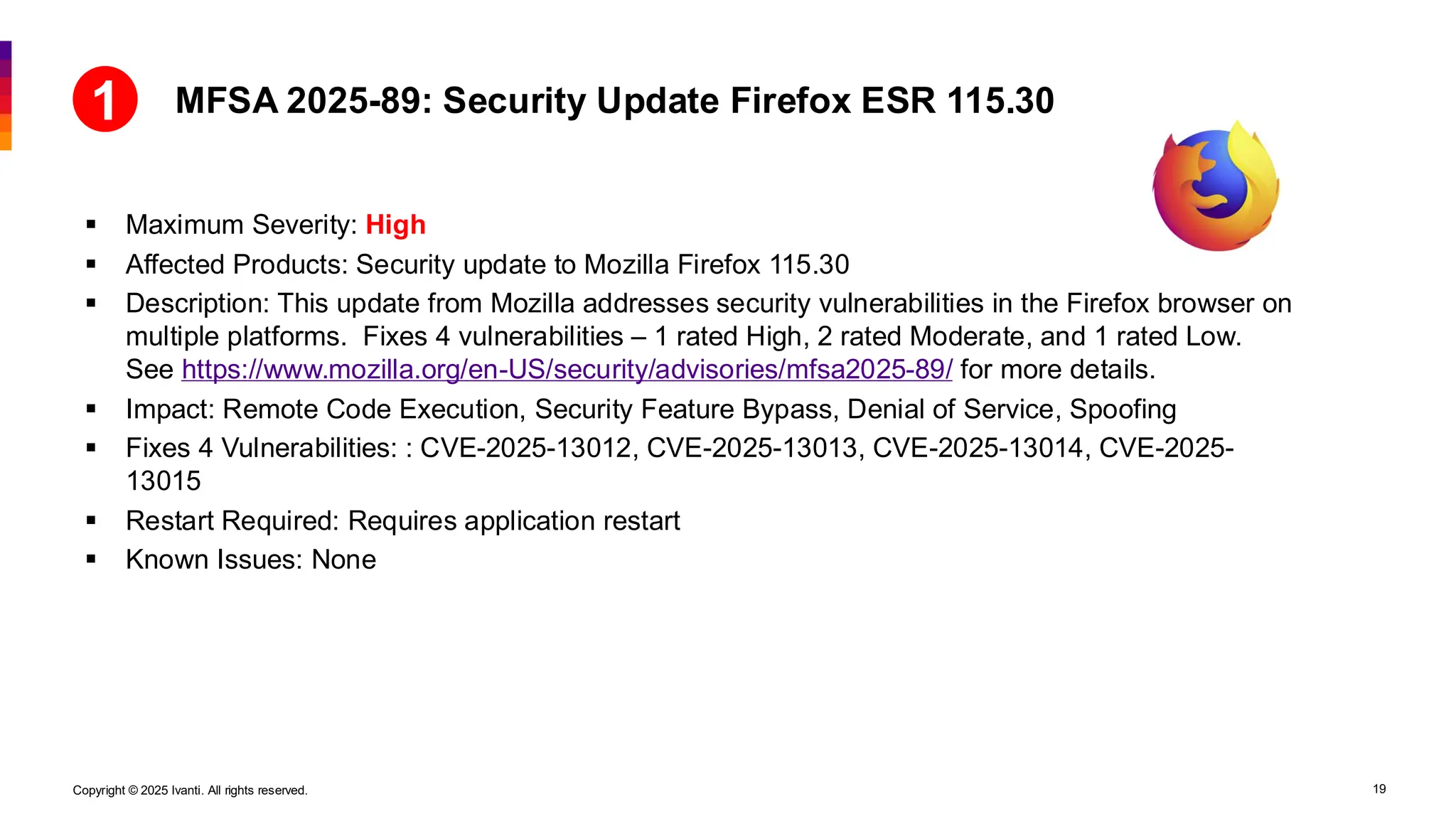 Copyright © 2025 Ivanti. All rights reserved. 19
MFSA 2025-89: Security Update Firefox ESR 115.30
▪ Maximum Severity: High
▪ Affected Products: Security update to Mozilla Firefox 115.30
▪ Description: This update from Mozilla addresses security vulnerabilities in the Firefox browser on
multiple platforms. Fixes 4 vulnerabilities – 1 rated High, 2 rated Moderate, and 1 rated Low.
See https://www.mozilla.org/en-US/security/advisories/mfsa2025-89/ for more details.
▪ Impact: Remote Code Execution, Security Feature Bypass, Denial of Service, Spoofing
▪ Fixes 4 Vulnerabilities: : CVE-2025-13012, CVE-2025-13013, CVE-2025-13014, CVE-2025-
13015
▪ Restart Required: Requires application restart
▪ Known Issues: None
1
 