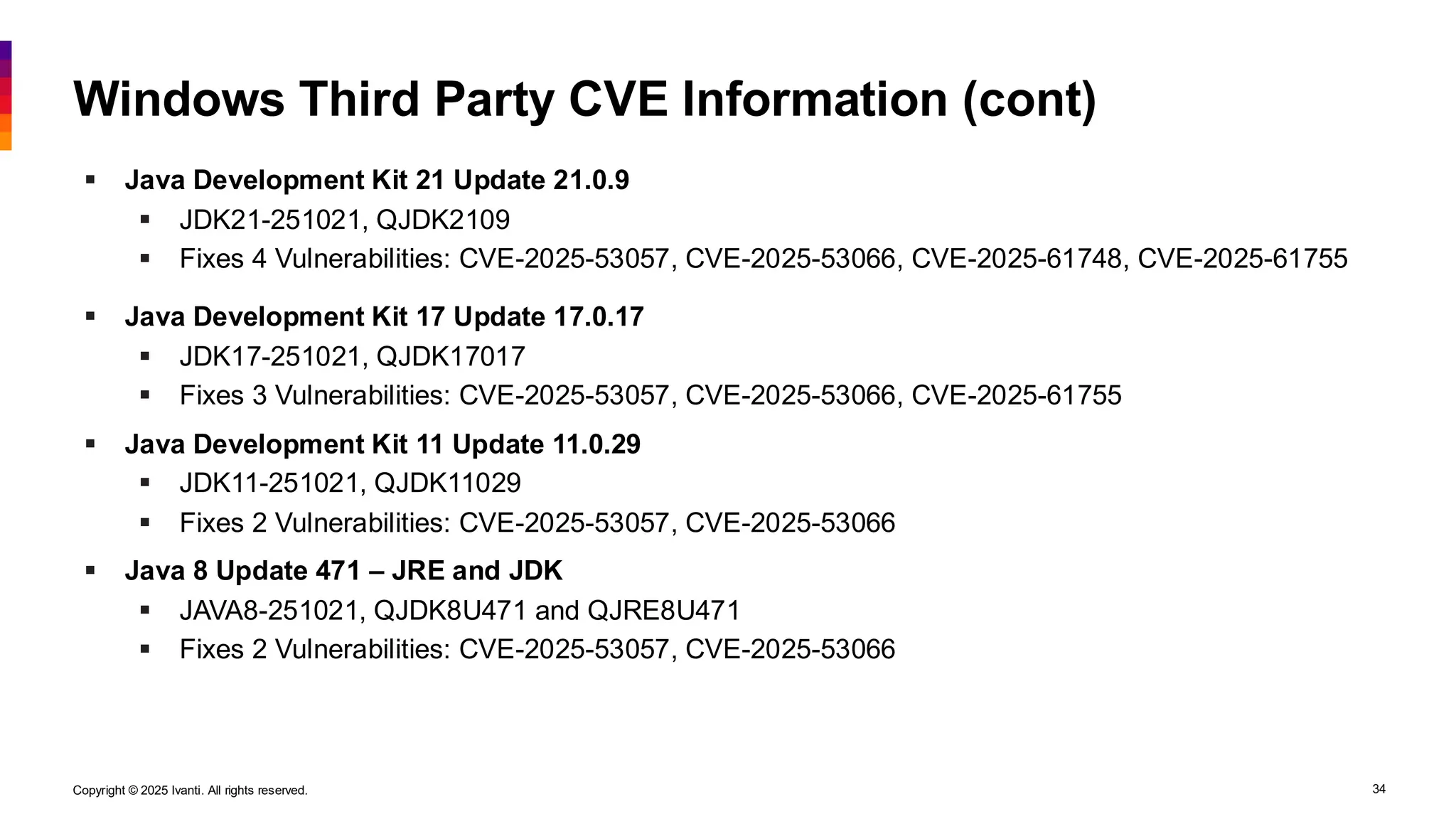 Copyright © 2025 Ivanti. All rights reserved. 34
Windows Third Party CVE Information (cont)
▪ Java Development Kit 21 Update 21.0.9
▪ JDK21-251021, QJDK2109
▪ Fixes 4 Vulnerabilities: CVE-2025-53057, CVE-2025-53066, CVE-2025-61748, CVE-2025-61755
▪ Java Development Kit 17 Update 17.0.17
▪ JDK17-251021, QJDK17017
▪ Fixes 3 Vulnerabilities: CVE-2025-53057, CVE-2025-53066, CVE-2025-61755
▪ Java Development Kit 11 Update 11.0.29
▪ JDK11-251021, QJDK11029
▪ Fixes 2 Vulnerabilities: CVE-2025-53057, CVE-2025-53066
▪ Java 8 Update 471 – JRE and JDK
▪ JAVA8-251021, QJDK8U471 and QJRE8U471
▪ Fixes 2 Vulnerabilities: CVE-2025-53057, CVE-2025-53066
 
