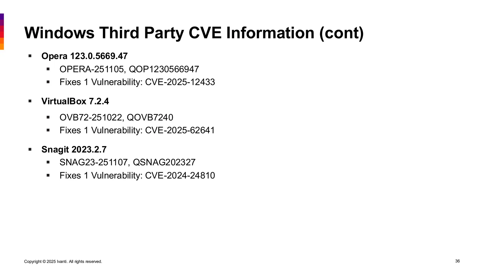 Copyright © 2025 Ivanti. All rights reserved. 36
Windows Third Party CVE Information (cont)
▪ Opera 123.0.5669.47
▪ OPERA-251105, QOP1230566947
▪ Fixes 1 Vulnerability: CVE-2025-12433
▪ VirtualBox 7.2.4
▪ OVB72-251022, QOVB7240
▪ Fixes 1 Vulnerability: CVE-2025-62641
▪ Snagit 2023.2.7
▪ SNAG23-251107, QSNAG202327
▪ Fixes 1 Vulnerability: CVE-2024-24810
 