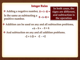  Adding a negative number, 8 + (- 4) =
Is the same as subtracting a
positive number.
8 – 4 =(+ )
In both cases, the
signs are different,
and subtraction is
the operation
 Addition can be used on any and all subtraction problems,
6 – 9 = - 9+ + 6
 And subtraction on any and all addition problems.
-2 + (-2) = -2 - 2+
 
