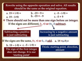 Rewrite using the opposite operation and solve. All results
should be the same as the original equation.
If the signs are different, (-, +) or (+, -) subtract.
Subtracting a positive
is just subtracting
Increasing by a negative amount
is just subtracting
If the signs are the same, (+, +) or (-, -) add. (+ )
The sign of the first integer
does not change. It is our
‘starting point’
Think: starting point, direction,
amount
 