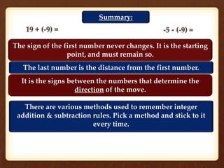 The sign of the first number never changes. It is the starting
point, and must remain so.
The last number is the distance from the first number.
It is the signs between the numbers that determine the
direction of the move.
There are various methods used to remember integer
addition & subtraction rules. Pick a method and stick to it
every time.
Summary:
 