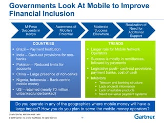 CONFIDENTIAL AND PROPRIETARY 
© 2014 Gartner, Inc. and/or its affiliates. All rights reserved. 
Governments Look At Mobile to Improve Financial Inclusion 
16 COUNTRIES 
 
 
 
 
 
 Brazil – Payment Institution 
India – Cash-out provisions for non- banks 
Pakistan – Reduced limits for accounts 
China – Large presence of non-banks 
Nigeria, Indonesia – Bank-centric mobile money 
US – retail-led (nearly 70 million unbanked/underbanked) 
M-Pesa Succeeds in Kenya 
Awareness of Mobile’s Potential 
Moderate Success Elsewhere 
Realization of Need for Additional Support 
TRENDS 
 
 
out provisions, 
 Larger role for Mobile Network Operators 
Success is mostly in remittances, followed by payments 
Legislative push– cash-payment banks, cost of cash 
Inhibitors 
Telecom and banking structure 
Lack of credit information 
Lack of suitable products 
Need low-value payment systems 
Do you operate in any of the geographies where mobile money will have a 
large impact? How you do you plan to serve the mobile money operators?  