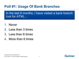CONFIDENTIAL AND PROPRIETARY 
© 2014 Gartner, Inc. and/or its affiliates. All rights reserved. 
Poll #1: Usage Of Bank Branches 
In the last 6 months, I have visited a bank branch (not for ATM)…. 
8 
1.Never 
2.Less than 3 times 
3.Less than 6 times 
4.More than 6 times  