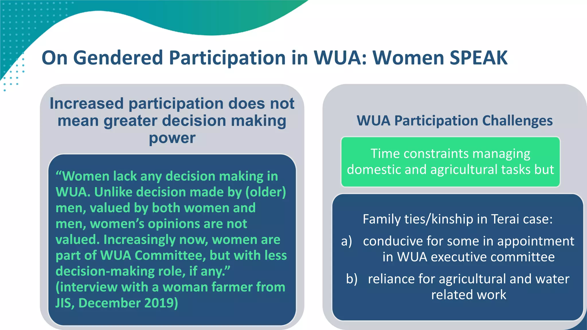 On Gendered Participation in WUA: Women SPEAK
Increased participation does not
mean greater decision making
power
“Women lack any decision making in
WUA. Unlike decision made by (older)
men, valued by both women and
men, women’s opinions are not
valued. Increasingly now, women are
part of WUA Committee, but with less
decision-making role, if any.”
(interview with a woman farmer from
JIS, December 2019)
WUA Participation Challenges
Time constraints managing
domestic and agricultural tasks but
Family ties/kinship in Terai case:
a) conducive for some in appointment
in WUA executive committee
b) reliance for agricultural and water
related work
 