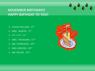  COACH HILLARD: 3RD
 MRS. MARTIN: 7TH
 MRS. LOLLEY: 16TH
 MRS. WOODARD: 21ST
 MR. TITSWORTH: 29TH
 MRS. REEVES: 30TH
 MR. WOLFE: 30TH
 