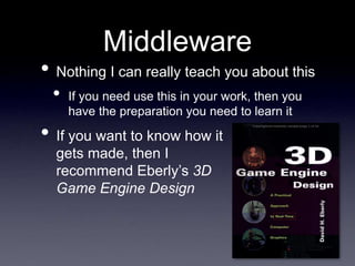 Middleware
• Nothing I can really teach you about this
• If you need use this in your work, then you
have the preparation you need to learn it
• If you want to know how it
gets made, then I
recommend Eberly’s 3D
Game Engine Design
 
