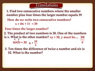 1. Find two consecutive numbers where the smaller 
number plus four times the larger number equals 39 
How do we write two consecutive numbers? 
x + x + 1 
4( ) = 39 
Four times the larger number? 
2. The product of two numbers is 30. One of the numbers 
is x. What is the other number? xy = 30, y must be.... ퟑퟎ 
x y 
(6)(5) = 30 풙 
6 • 
ퟑퟎ 
ퟔ 
3. Ten times the difference of twice a number and six is 
52. What is the number? 
 