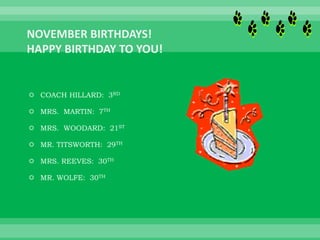  COACH HILLARD: 3RD
 MRS. MARTIN: 7TH
 MRS. WOODARD: 21ST
 MR. TITSWORTH: 29TH
 MRS. REEVES: 30TH
 MR. WOLFE: 30TH
 