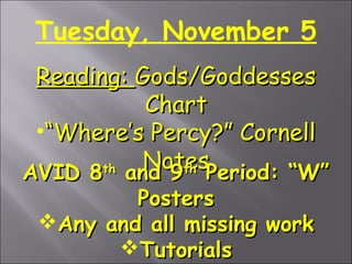Tuesday, November 5
Reading: Gods/Goddesses
Chart
•“Where’s Percy?” Cornell
NotesPeriod: “W”
th
AVID 8 and 9th
Posters
Any and all missing work
Tutorials

 